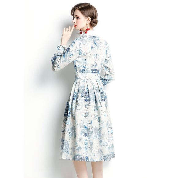 Kaimilan A-Line Midi Shirt Collar Long Sleeve Printed Dress Size 4- NWT - Picture 2 of 11